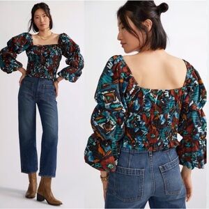 Porridge Anthropologie Elegant Floral Blouse with Puff Sleeves